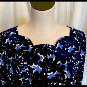 TALBOTS 3/4 Sleeve Blue/Floral Dress ~16~ Back zip Full Lining Sculpted Neck NWT